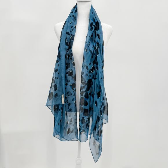 Burberry Scarf Silk Authentic Lightweight Sheer Blue Black Leopard Cheetah - Picture 3 of 10